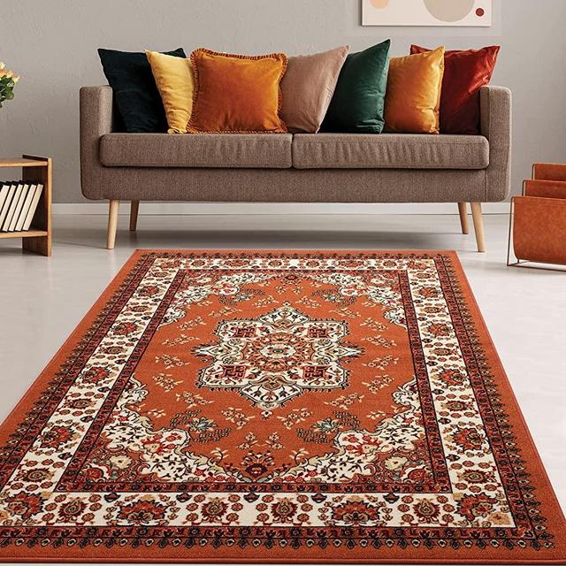 Antep Rugs Alfombras Oriental Traditional 8x10 Non-Skid (Non-Slip) Low Profile Pile Rubber Backing Indoor Area Rugs (Rust Brown, 7'10" x 10')