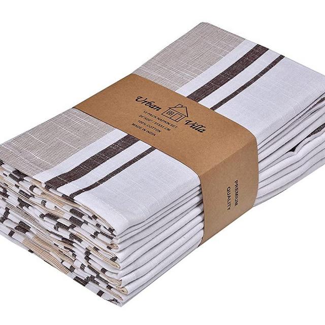 Urban Villa Slub Weave Set of 12 Dinner Napkins (20X20 Inch) 100% Cotton Premium Over Sized Cloth Napkins with Mitered Corners Ultra Soft Durable Hotel Quality (Beige/Brown/White)