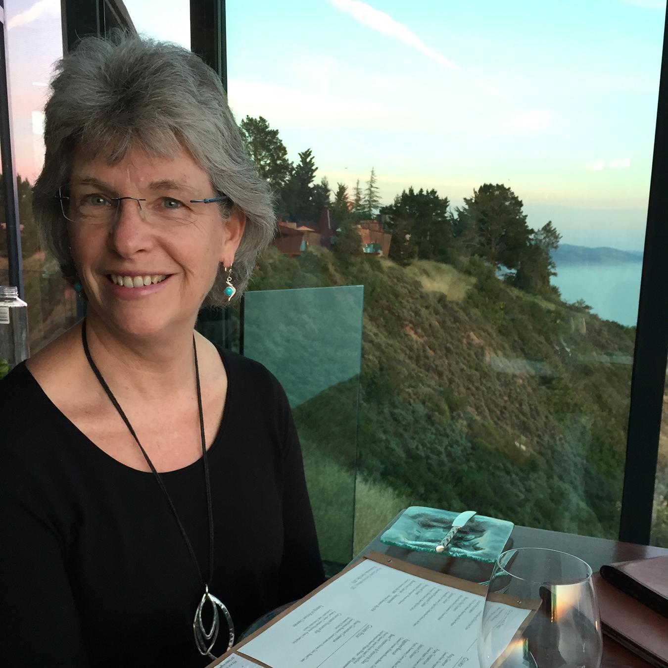 Beautiful Jan at Sierra del Mar, Post Ranch Inn, 2015; our first Cal 1 road trip.