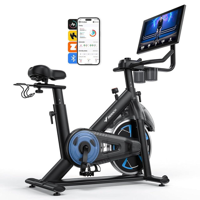 Merach Magnetic Exercise Bike with 21.5" HD Display & Auto Resistance, Low Noise Stationary Bike for Home with Comfortable Seat Cushion, Spinning Bike with Exclusive App