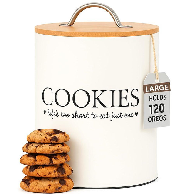 D'Lifeful Cookie Jar with Airtight Bamboo Lid – 1.1 Gallon Cute and Decorative Cookie Storage for Kitchen Countertop – Farmhouse Storage Tin for Freshness – Great Gift Idea