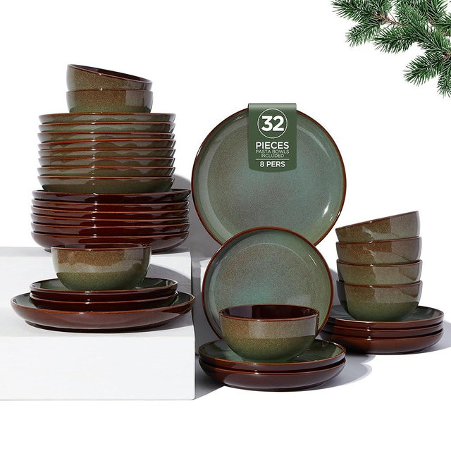 Pokini 32 Piece Double Bowl Dinnerware Sets with Pasta Bowls, Highly Chip and Crack Resistant Plates and Bowls Sets, Natural Earthyware Ceramic Dishware Sets, Service for 8 Sage Green