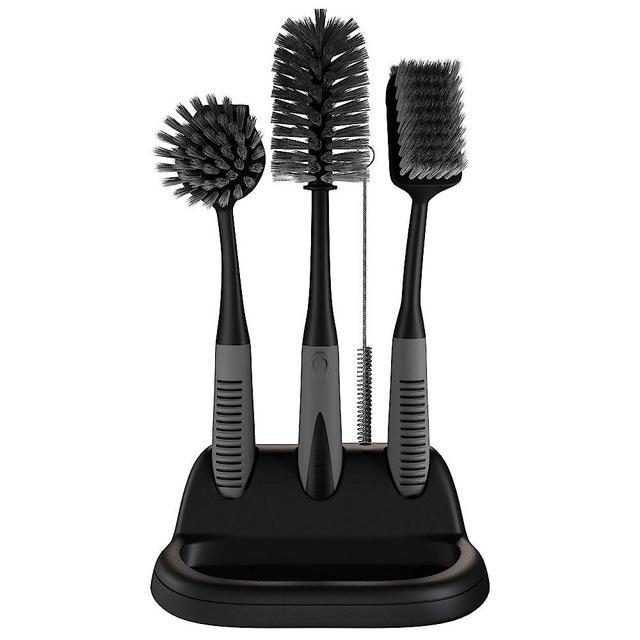Dish Brush Set of 5 with Convenient Holder, Bottle Water Brush, Dish Scrub Brush, Scrubber Brush and Straw Brush - Kitchen Scrub Brushes Non Slip Long Handle for Sink Dishes Cup Pot (Black)