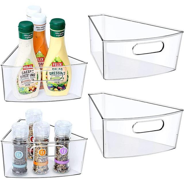 JEISSLIA Lazy Susan Cabinet Organizer Bins, 10.2" x 9.4" x 4" Clear Plastic Kitchen Cabinet Storage, 1/8 Wedge - Food Safe, BPA Free, with Non-slip Accessories (Set of 4)