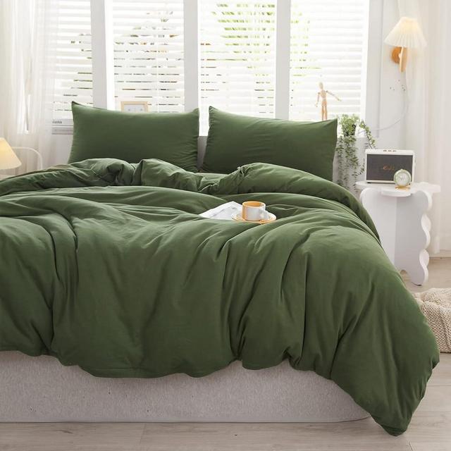 LIFETOWN 100% Jersey Knit Cotton Duvet Cover Set T-Shirt Feel Bedding Set Ultra Soft Wrinkle-Free (Olive Green, King)