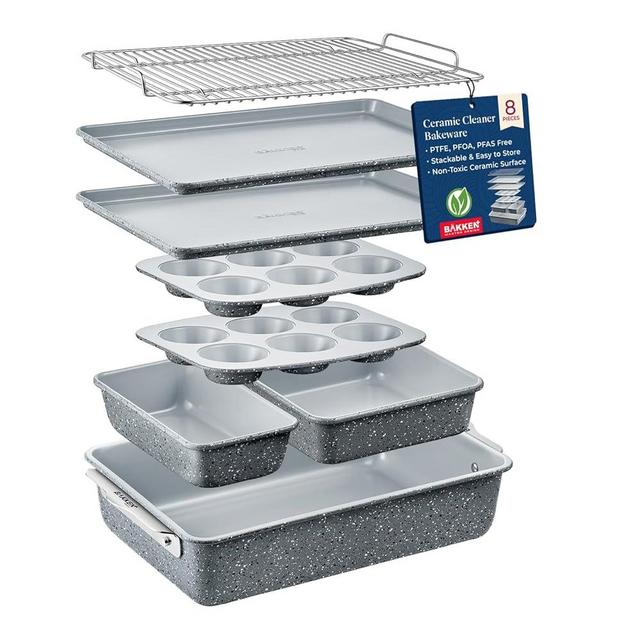 Bakken 8-Piece Stackable Bakeware Set – Ceramic Non-Stick, Oven-Safe Baking Sheets & Pans, PTFE/PFOA/PFOS-Free, Ergonomic Handles, Includes Cooling Rack – Healthy, Non-Toxic Baking Essentials
