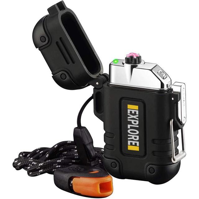 Arc Lighter Outdoor Waterproof Windproof Plasma Lighter Rechargeable USB Electronic Lighters with Emergency Whistle for Camping,Adventure,EDC Survival Tactical Gear(Black)