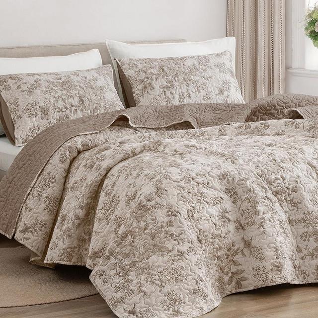 SHALALA Floral Quilt King Size,Quilt Bedding Set for King Bed,Lightweight Khaki White Bed Cover,3pcs Soft Printed Bedspread and Coverlet for All Season(King,Khaki/White)
