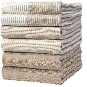 (Tan) Premium Kitchen Towels (20”x 28”, 6 Pack) | Large Cotton Dish Towels | Flat & Terry Highly Absorbent Kitchen Linen Set with Hanging Loop | Tan