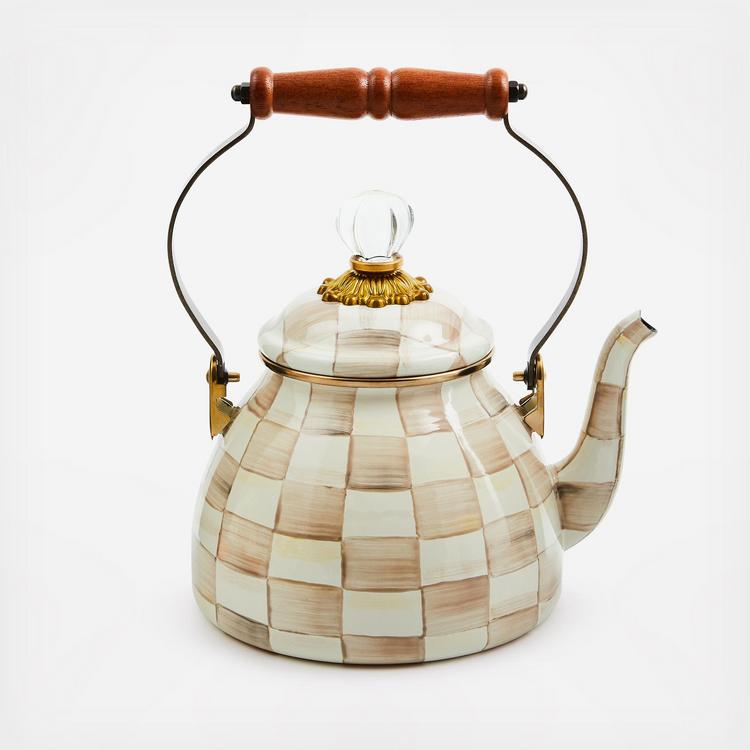 MacKenzie-Childs, Mocha Check Stainless Steel Tea Kettle | Zola