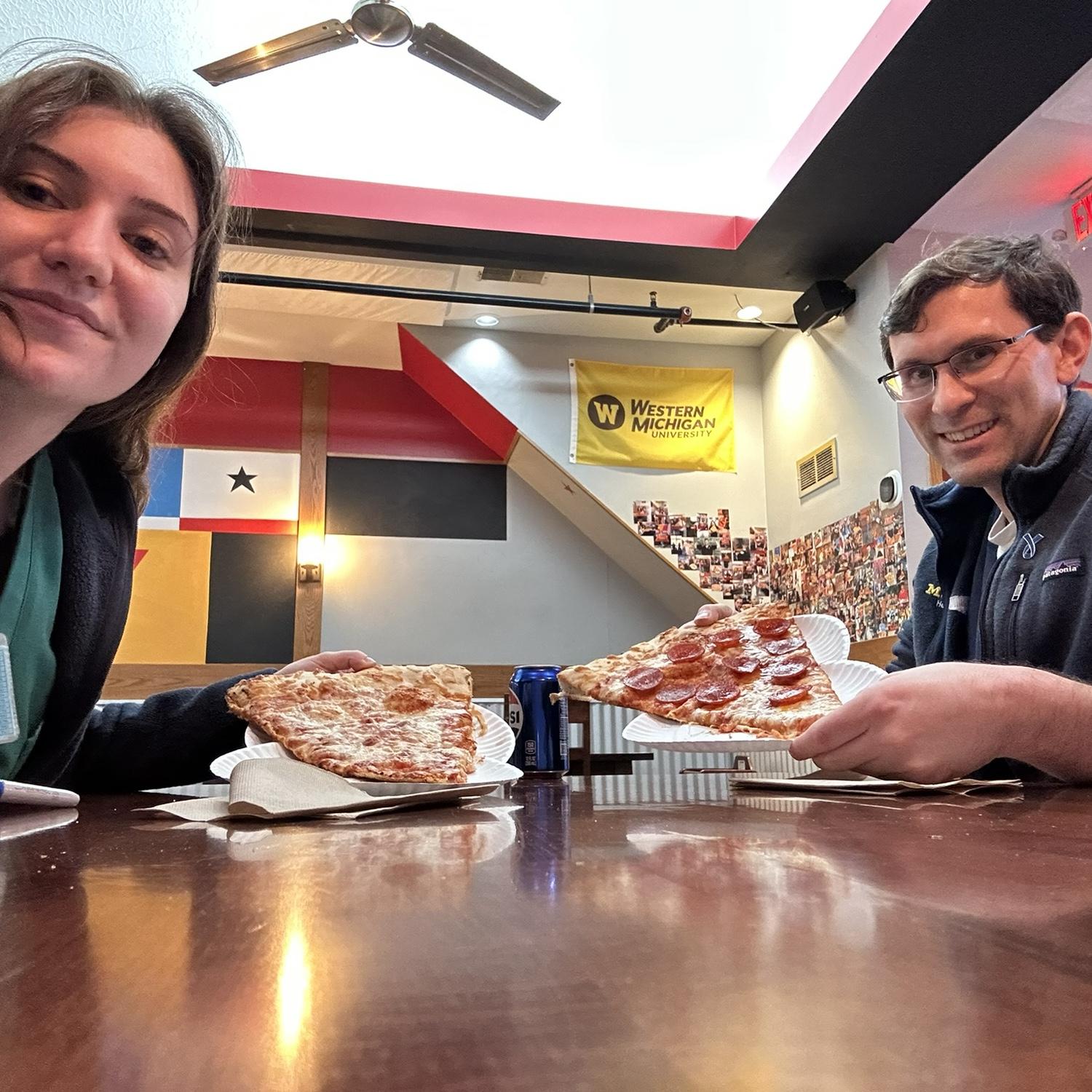 Post shift (you can tell by the messy hair and bags under our eyes) Tuesday pizza date at Benny D’s
