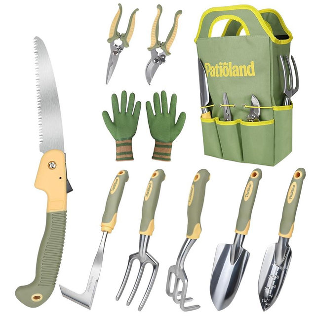 Patioland 10-Piece Garden Tool Set – Green&&Orange Gardening Hand Tools with Non-Slip Handles, Heavy Duty Rust-Proof Aluminum Tools, Organizer Tote Bag, Ideal Gardening Gifts for Women & Grandma