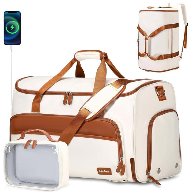 Garment Duffle Bags for Travel, Convertible Garment Bag for Men Women, Carry On Duffle Bag Backpack with Shoe Compartment & Toiletry Bag, 4 in 1 Hanging Suitcase Suit Travel Bags (Beige)