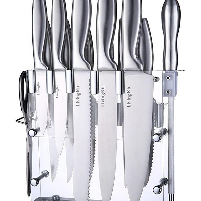 LivingKit Knife Set 14 Piece Kitchen Knives Chef Bread Carving Utility Paring Steak Knife Scissors Sharpener and Acrylic Stand Block