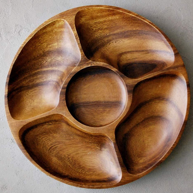 Diameter 12" Premium Acacia Wooden 5-Compartment Divided Round Wood Plate Divided Dessert Serving Trays Platters 5 Section