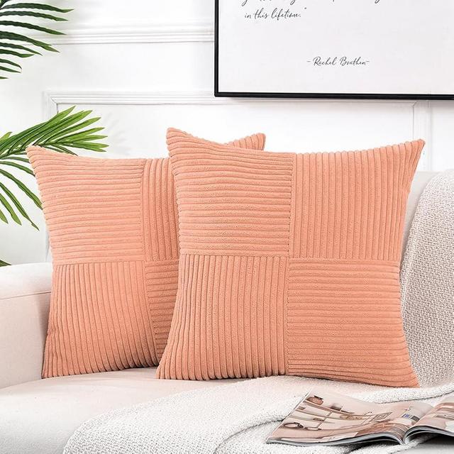 Fancy Homi 2 Packs Peach Decorative Throw Pillow Covers 18x18 Inch for Living Room Couch Bed Sofa, Rustic Boho Farmhouse Home Decor, Soft Corss Corduroy Patchwork Textured Square Cushion Case 45x45 cm