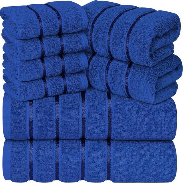YRALY Luxury Towels for Bathroom Set of 8-2 Bath Towels 2 Hand Towels 4 Washcloths - 600 GSM 100% Cotton Ring Spun Viscose Border Towels Set - Royal Blue
