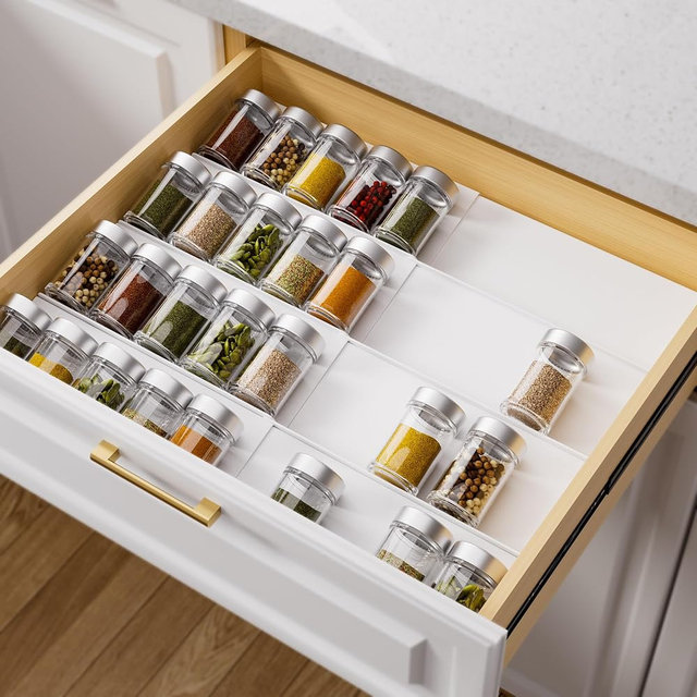 MIUKAA White Spice Drawer Organizer, 4 Tier - 8 Pack Seasoning Organizer for Drawer, Expandable From 13" to 26" Kitchen Drawer Spice Rack (Jars not Included)
