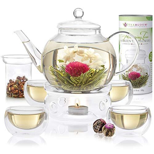 Teabloom Complete Tea Set - Stovetop Safe Glass Teapot with 12 Flowering Teas, Tea Warmer, 4 Double Wall Teacups & Removable Glass Infuser for Loose Leaf Tea - Celebration Flowering Tea Gift Set