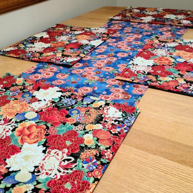 Floral tablerunner & placemats-reversible-Colorful Asian theme flowers-red, orange, white, blue-gold metallic details-100% cotton-handsewn.