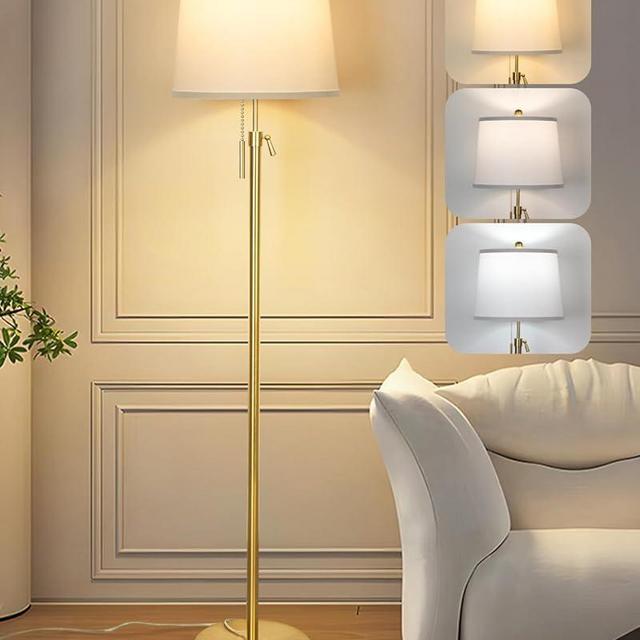 Gold Floor Lamp for Living Room, Tall Standing Lamp with 3 Color Temperatures Modern Brass Floor Lamps for Reading Bedroom Office Lights Corner Night Stand Kids Lamp (9W LED Bulb, White Lampshade)
