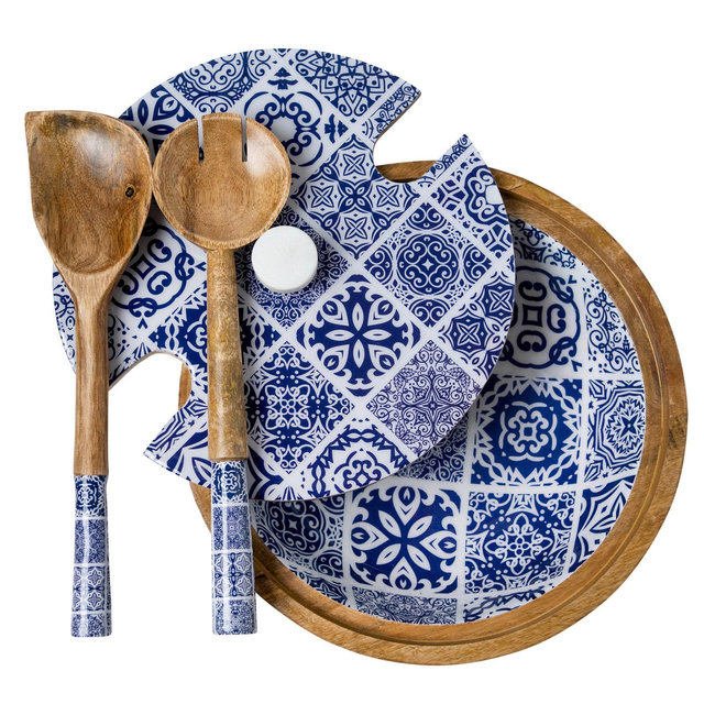 Handmade Mango wood Decorative Wooden Salad Bowl Set with matching servers and lid - Moroccan Blue Tiles 4