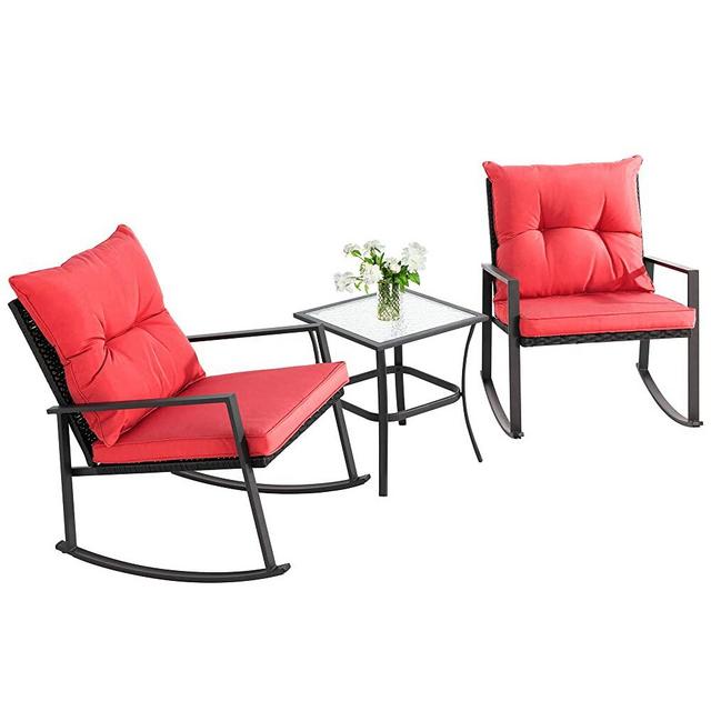 Walsunny 3 Pieces Patio Set Outdoor Wicker Patio Furniture Sets Modern Rocking Bistro Set Rattan Chair Conversation Sets with Coffee Table(Red)