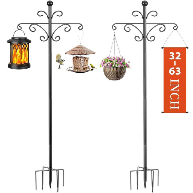BEIUTAO Bird Feeder Pole for Outdoors Heavy Duty Squirrel Proof, 2 Pack 63 Inch Adjustable Tall Shepherds Hooks for Outdoor with 7 Prongs Base, Double Shepherd Hooks (2 Pack Black, 63 Inch)
