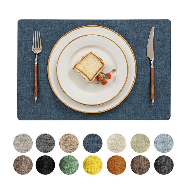 Romanstile Vinyl Placemats Set of 6-12 X 18 Inch - Heat Resistant Place Mats 100% Waterproof Oilproof Wipeable Reversible Faux Leather Table Mats for Kitchen/Dining/Party/Outdoor, Navy Blue