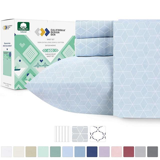 California Design Den 600 Thread Count Best Bed Sheets 100% Cotton Sheets Set - Extra Long-Staple Cotton Sheet for Bed 4 Piece Set with Deep Pocket (Urban HEX Blue, Queen Sheet Set - 600 TC)