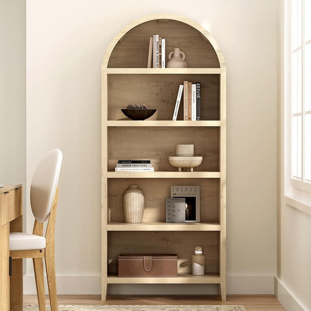 MoomJiee Tall Arched Bookshelf, 5-Tier Farmhouse Large Open Display Cabinet, 71" Modern Wood Bookcase with Adjustable Shelves Organizer Rack Large Kitchen Pantry Storage Cabinet Light Oak