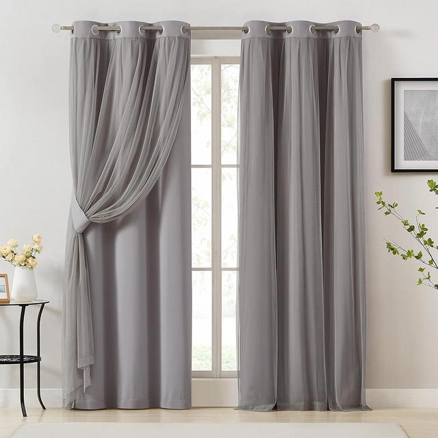 Bujasso Grey 90% Blackout Curtains with Sheer Overlay Mix and Match Double Layer Window Curtains Thermal Insulated 84 inch for Living Room Bedroom Gray Drapes with Tiebacks Grommet Top 37" Wx84 Lx2