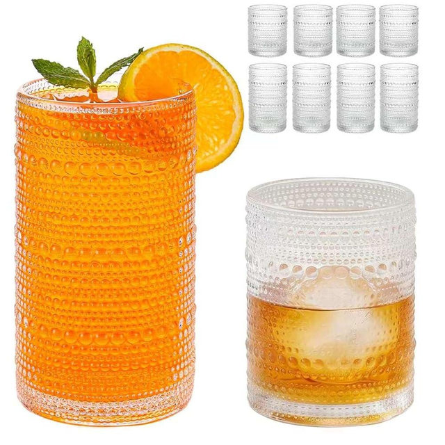 Akutaa Vintage Hobnail Drinking Glasses Set of 8, 12 oz & 16 oz Highball Glasses, Clear Embossed Tumbler Cups, Kitchen & Bar Drinkware for Cocktail, Iced Coffee, Beer, Whiskey, Juice and Water