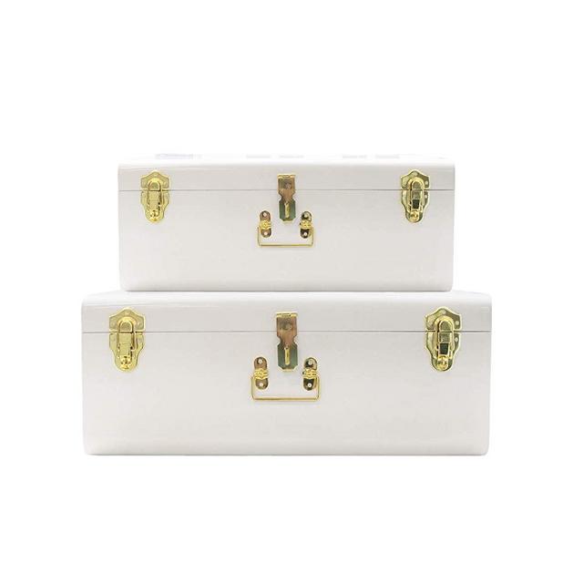 Zanzer White Trunks Set of 2 - Vintage Style Storage w/Gold Finish Handles & Locks - Space Saving Organizer Home Dorm & Office Use