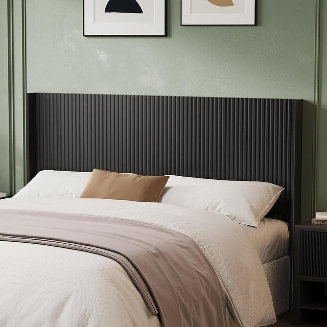 Huatean Home 64.6" Wide Wooden Queen Headboard Only, Wingback Boho Headboards Simple Setup, Wood Headboard Queen Size, Modern Farmhouse Style headboards with Vertical Grain, Solid Black