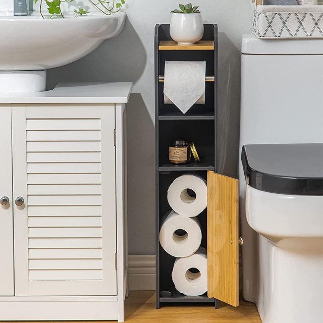 Toilet Paper Holder with Storage,Small Bathroom Storage Cabinet for Small Spaces,Toilet Paper Cabinet with Toilet Paper Roll Extender Great for Toilet Paper Storage,Black-Bamboo by AOJEZOR