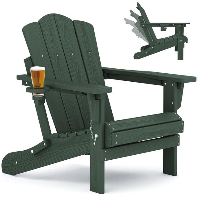 KINGYES Adjustable Folding Adirondack Chair, 3-Position Reclining Adirondack Chairs with Cup Holder, HDPE All-Weather Oversized Adirondack for Outdoor, Patio, Backyard Deck, Fire Pit, Green