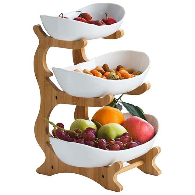 Ceramic Oval Tiered Serving bowls Tray Set，White 3 Tier Ceramic Fruit Bowl with Bamboo Wood Stand for Sushi, Dessert, Fruit, Vegetables, Appetizer, Cake, Candy, Chip Dip