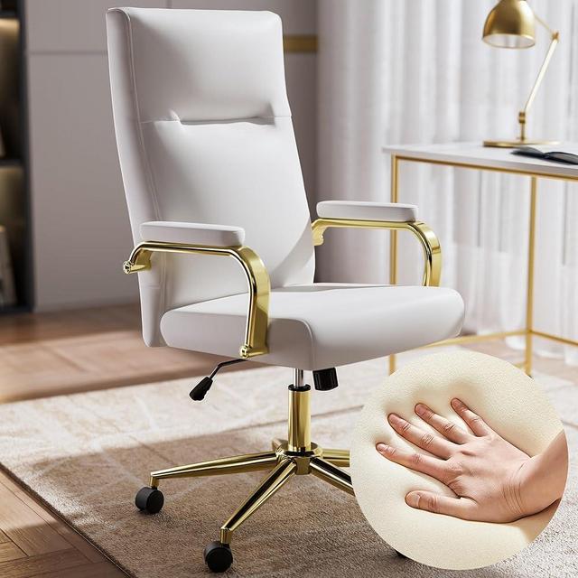 GXJ White and Gold Office Chair Memory Foam, White Leather Computer Desk Chairs with Wheels and Arms, High Back Executive Office Chair for Girl and Women