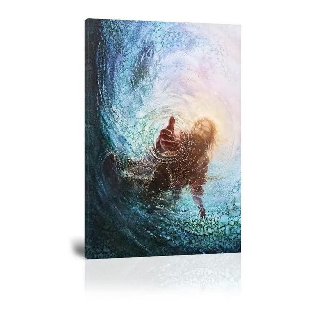 Hand of Jesus Under Water Teal Blue Print on Canvas Wall Art for Christian Wall Decor Bedroom Living Room Christian Pictures Wooden Framed Ready to Hang