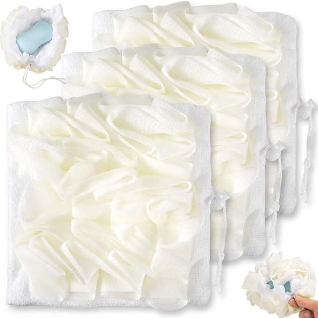 SmallCat 3 Pcs Soap Loofah Pouch, 2 in 1 Soap Bar Loofah, Washable Bar Soap Loofahs Pouch, Loofahs for Bar of Soap Cleansing and Smooth Skin (White)