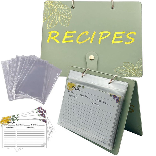 Recipe Binder with Plastic Sleeves, Stand Up Recipe Book Binder for 30 Recipe Cards 4x6, Recipe Organizer Kit Blank Cook Book for DIY Recipe Cards and 15 Clear Sheet Protectors (Sage)
