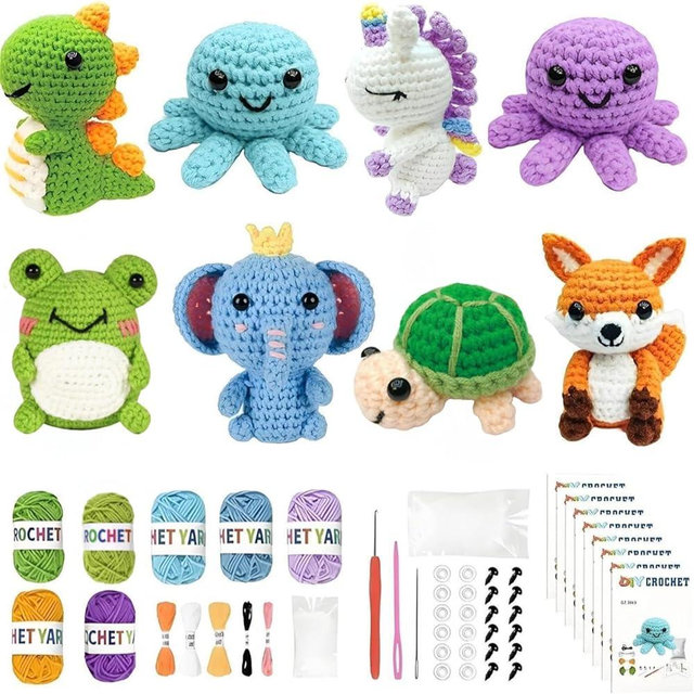 Ebzoyor 8Pcs Crochet Animal Kit for Beginners with Step by Step Videos | Crotchet Kit with Yarn Hook and Supplies, Knitting Kit to Make Your Own Loom Animals, DIY Craft Gift for Craft Lovers