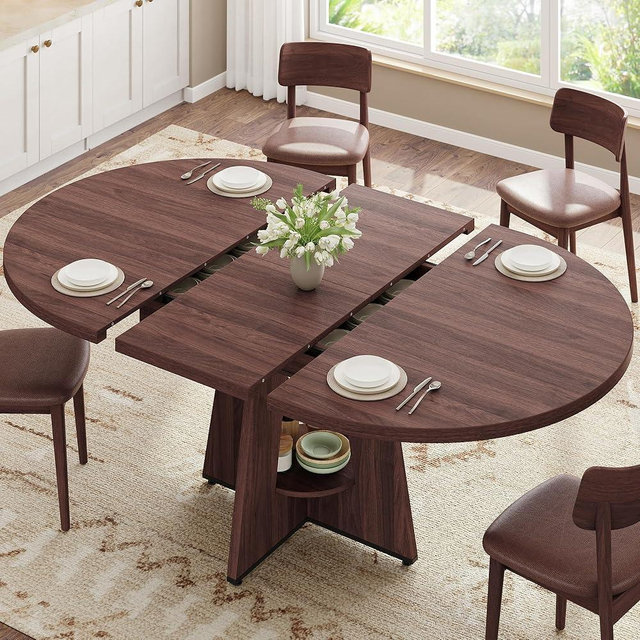 Extendable Dining Table, Round Kitchen Dining Room Dinner Table with for 4 6 8 People, Space Saving Modern Oval Expandale Furniture with Storage and Pedestal for Kitchen Living Room (Brwon)
