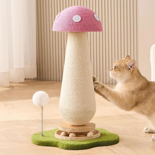 Mushroom Cat Scratching Post Cat Tree, 21.5‘’ H Cute Cat Scratcher Tower with Durable Solid Wood Turntable Toy, Baby Pink Mushroom Scratch Post Cat Sisal Scratcher with Catnip for Indoor Adult Cats