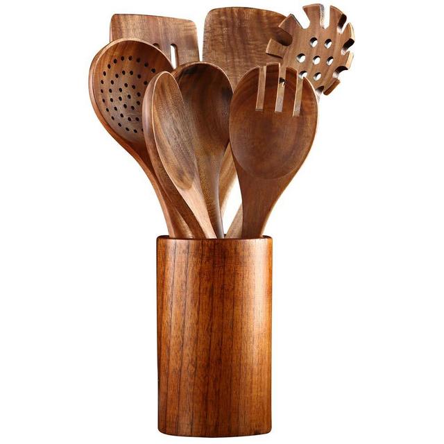 Wooden Kitchen Cooking Utensils, NAYAHOSE 8 PCS Teak Wooden Spoons and Spatula for Cooking, Sleek, Sold and Non-stick Cookware for Home Use and Kitchen Décor (8)