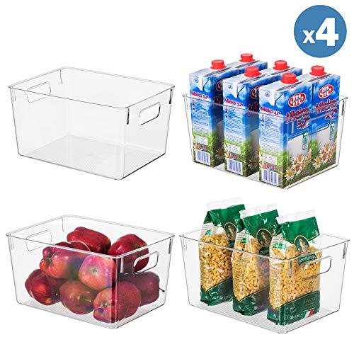 Clear Plastic Storage Organizer Container Bins with Cutout Handles, Transparent Set of 4 | BPA Free, Kitchen Cabinet Storage Bins, 11” x 8” x 6” Each