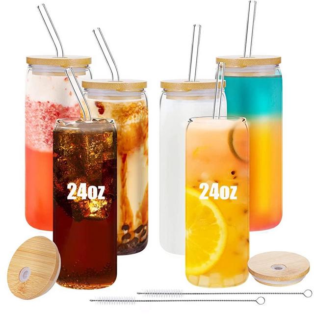 6 Pack 24oz Drinking Glasses Iced Coffee Cups Beer Can Glass Cups with Bamboo Lids and Straws Tumbler Glasses Cups Can Shaped Glass Gups Large Drinking Can Cups for Boba Smoothies Soda Juice Tea