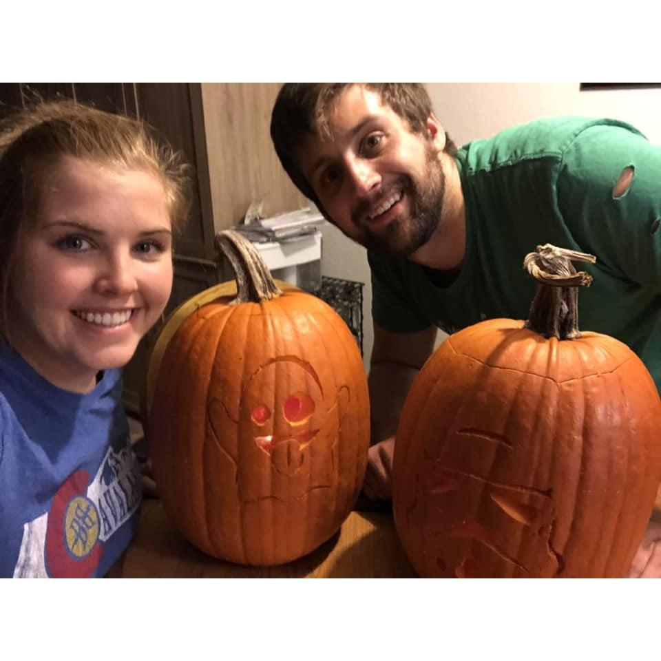 Carving pumpkins for Dylan's competition at work. Dylan's pumpkin came in 4th. Cassie's was just for fun!