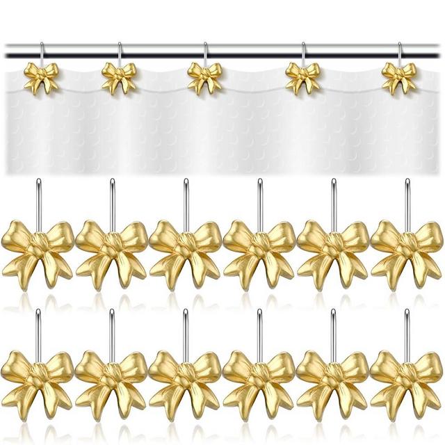 Yaocom 12 Pcs Gold Bow Knot Shower Curtain Hooks Rustproof Metal Decorative Shower Hangers Bulk Glide Shower Curtain Rings for Bathroom Bedroom Living Room Art Decor (Classic)
